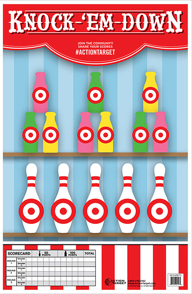 Action Target GSCARBTTL100 Entertainment Knock-'Em-Down Bottles/Pins Paper Hanging 23" x 35" Multi-Color 100 Per Box