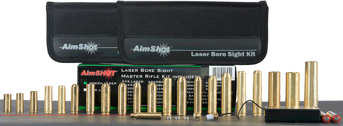 AimShot Master Kit Multi-Caliber Bore Sight with Red 650nM Laser, Uses L736 Button Cell Batteries & 2 AAA Batteries for Battery Pack for Rifles (Batteries Not Included)