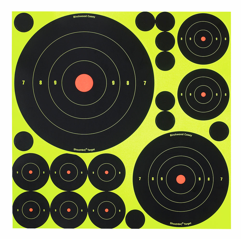 Birchwood Casey 34018 Shoot-N-C Reactive Target Variety Pack Self-Adhesive Paper Black/Yellow Bullseye 50 Pack