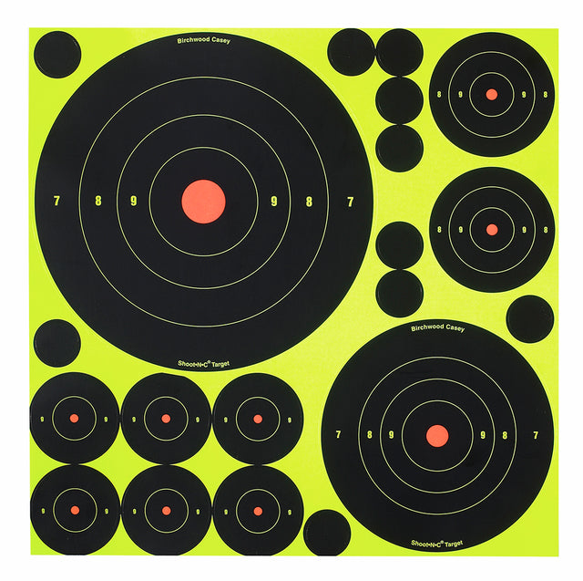 Birchwood Casey 34018 Shoot-N-C Reactive Target Variety Pack Self-Adhesive Paper Black/Yellow Bullseye 50 Pack