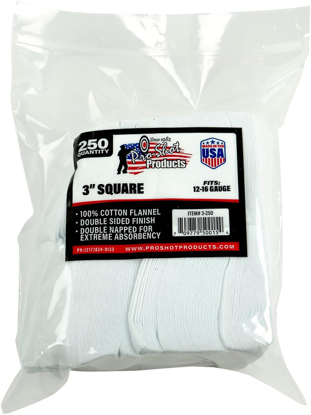 Pro-Shot 3250 Cleaning Patches 12-16 Gauge 3" Square Cotton Flannel 250 Pack