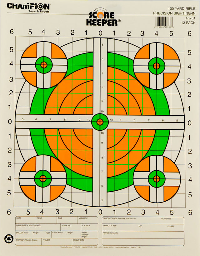 Champion Targets 45761 Score Keeper Bullseye Paper Hanging 100 yds Rifle 14" x 18" Green/Orange 12 PK