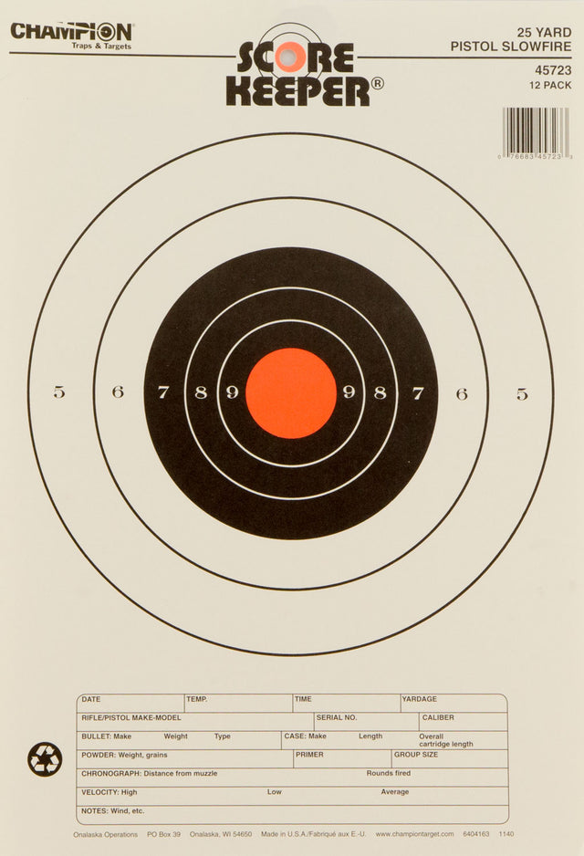 Champion Targets 45723 Score Keeper Slow Fire Bullseye Paper Hanging 25 yds Pistol 11" x 16" Black/Orange 12 PK
